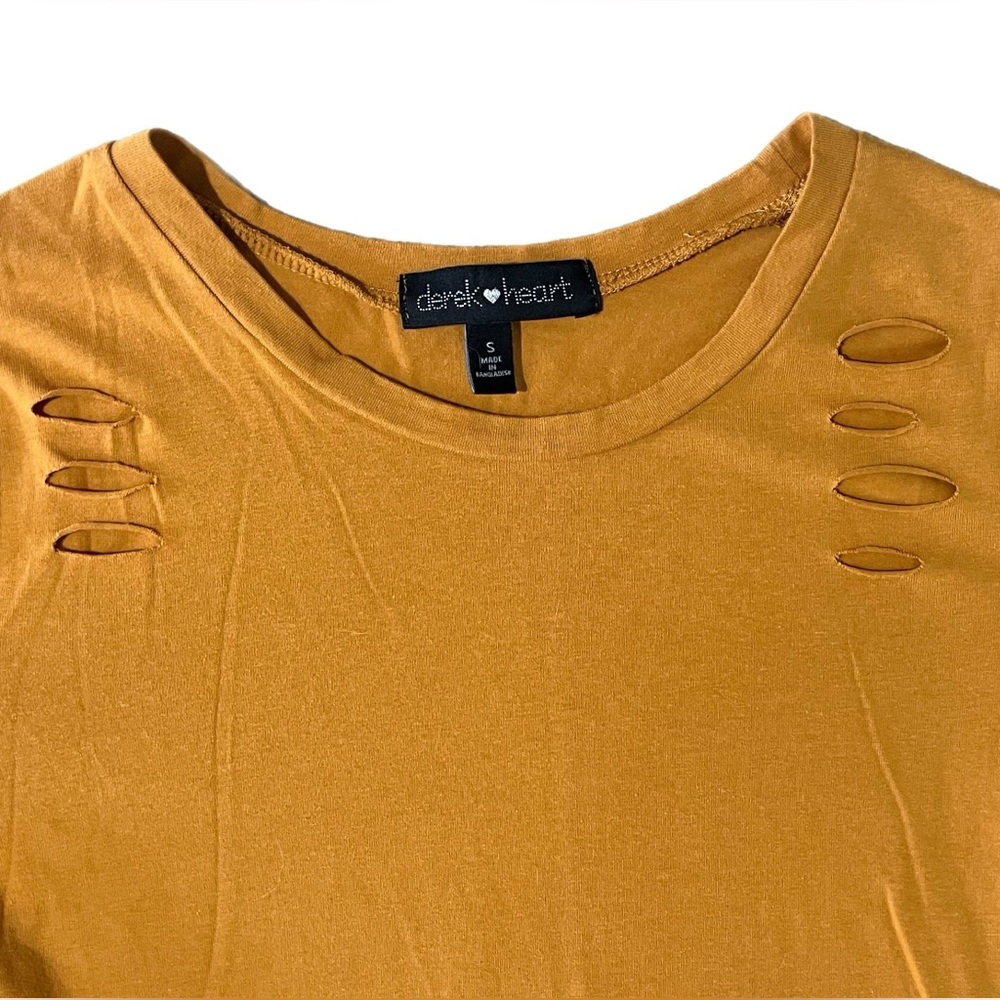 🧡 Derek Heart Bodycon Dress~Women’s Sm~Golden Orange~Ripped Details~Curved Hem - Picture 2 of 8